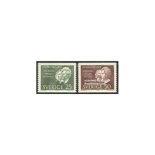 2 عدد تمبر برندگان جایزه نوبل 1903 - پی یر کوری، ماری کوری و ... - سوئد 1963