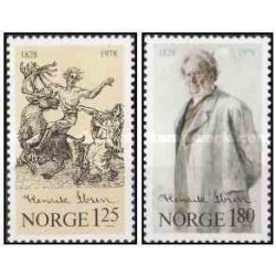 2 عدد  تمبر صد و پنجاهمین سالگرد تولد هنریک ایبسند - نمایشنامه نویس  - نروژ 1978