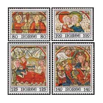 4 عدد  تمبر تمبرهای کریسمس - نقاشی هایی از کلیسای چوبی Ål  - نروژ 1975