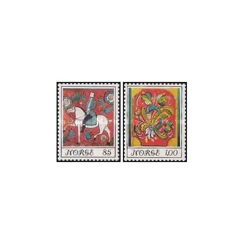 2 عدد  تمبر هنر عامیانه نروژ - نقاشی شده با گل رز - نروژ 1974