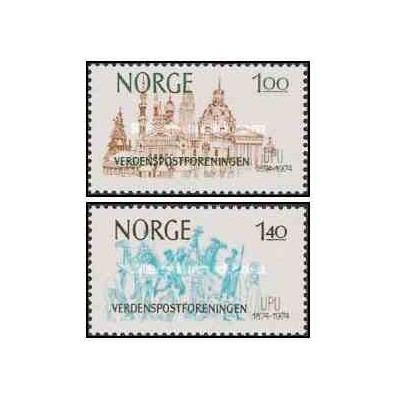 2 عدد  تمبر صدمین سالگرد تاسیس اتحادیه جهانی پست - نروژ 1974