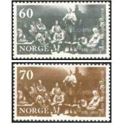 2 عدد  تمبر دویستمین سالگرد تولد هانس نیلسن هاگ - رهبر معنوی - نروژ 1971