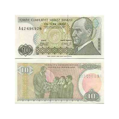 اسکناس 10 لیر - ترکیه 1970 در وانرمارک ابروی اتاتورک پر پشت