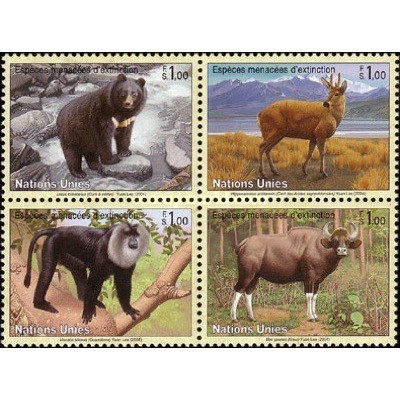 4 عدد  تمبر گونه های در حال انقراض - پستانداران - ژنو سازمان ملل 2004 ارزش روی تمبرها 4 فرانک سوئیس