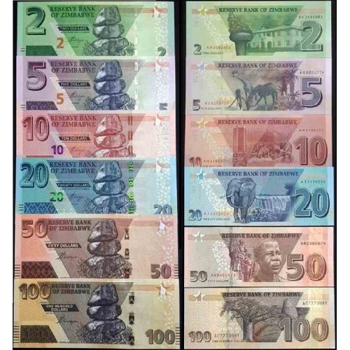 Zimbabwe banknotes set - 2 to 100 dollars Zimbabwe banknotes set - 2 to 100 dollars