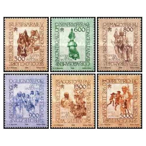 6 عدد  تمبر سفرهای پاپ ژان پل دوم - واتیکان 1998 قیمت 9 دلار