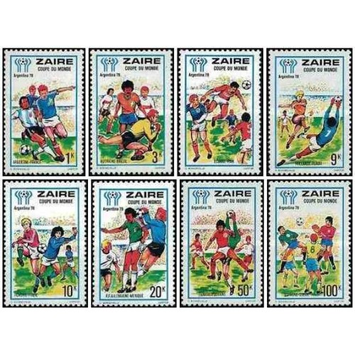8 عدد  تمبر جام جهانی فوتبال آرژانتین - یکی از تمبرها تیم ایران - زئیر 1978 - جمهوری دموکراتیک کنگو 1978