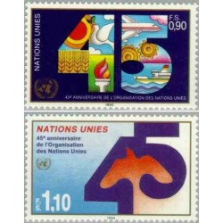2 عدد تمبر چهل و پنجمین سالگرد تاسیس سازمان ملل متحد - ژنو سازمان ملل 1990 ارزش روی تمبر 2 فرانک سوئیس