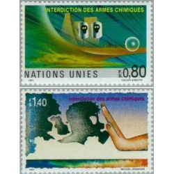 2 عدد تمبر ممنوعیت سلاح های شیمیایی - ژنو سازمان ملل 1991 ارزش روی تمبرها 2.2 فرانک سوئیس