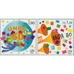 2 عدد تمبر پنجاهمین سالگرد اداره پست سازمان ملل متحد - UNPA - ژنو سازمان ملل 2001 ارزش اسمی 2.2 فرانک سوئیس