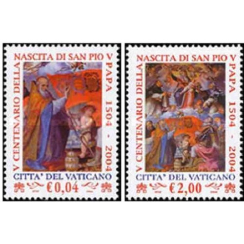 2 عدد تمبر پانصدمین سالگرد تولد پاپ پیوس پنجم - واتیکان 2004 ارزش اسمی 2.04 یورو