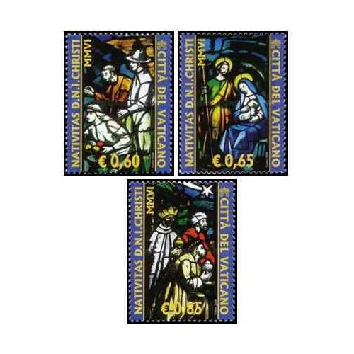 3 عدد تمبر کریسمس - پنجره های شیشه ای رنگی - واتیکان 2006 ارزش اسمی 2.1 یورو