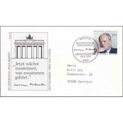 پاکت مهر روز تمبر هشتادمین سالگرد تولد ویلی برانت، سیاستمدار - جمهوری فدرال آلمان 1993
