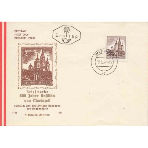 پاکت مهر روز تمبر سری پستی - کلیسای ماریازل انحراف - 1s - اتریش 1959 پاکت مهر روز تمبر سری پستی - کلیسای ماریازل انحراف - 1s - اتریش 1959