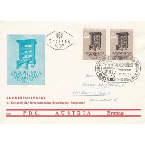 پاکت مهر روز تمبر ششمین کنگره فدراسیون بین المللی گرافیک - اتریش 1964 پاکت مهر روز تمبر ششمین کنگره فدراسیون بین المللی گرافیک - اتریش 1964