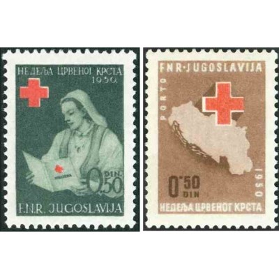 2 عدد تمبر خیریه - هفته صلیب سرخ - یکی از تمبرها سورشارژ porto- یوگوسل