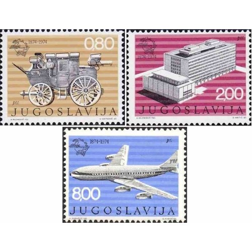 3 عدد تمبر صدمین سالگرد اتحادیه جهانی پست - یوگسلاوی 1974