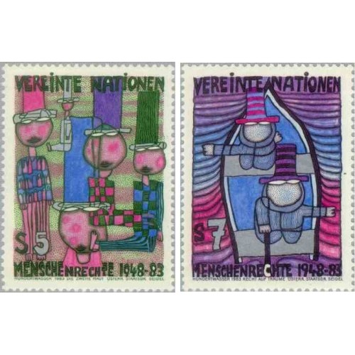 2 عدد تمبر 35مین سالگرد حقوق بشر- نقاشی‌های هاندرتواسر- وین سازمان ملل 1983