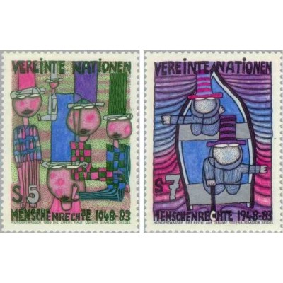2 عدد تمبر 35مین سالگرد حقوق بشر- نقاشی‌های هاندرتواسر- وین سازمان ملل 1983