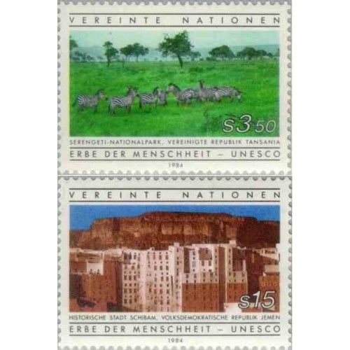 2 عدد تمبر میراث فرهنگی و طبیعی انسان - وین سازمان ملل 1984 قیمت 4.4 دلار