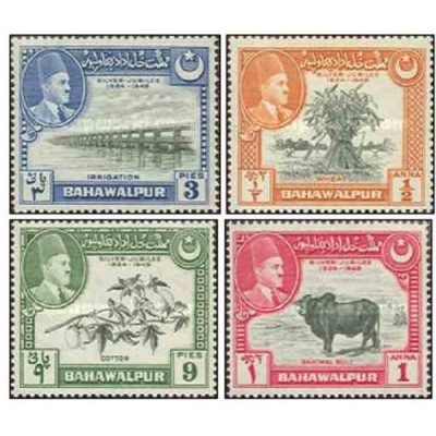 4 عدد تمبر 25مین سالگرد سلطنت صادق محمد خان پنجم -بهاولپور 1949 کیفیت MN
