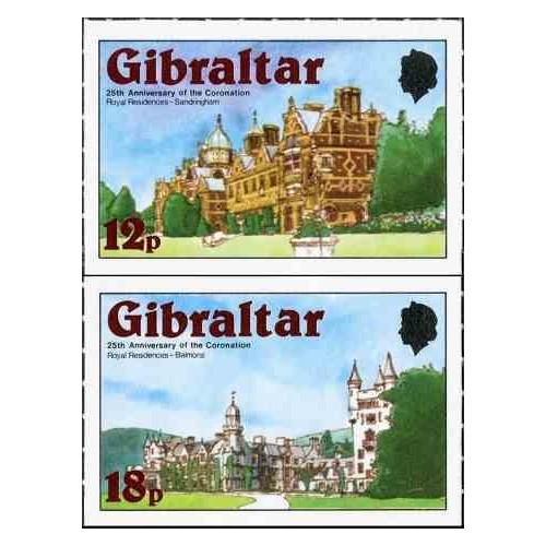 2 عدد تمبر 25مین سالگرد سلطنت ملکه الیزابت- بیدندانه - جبل الطارق 1978