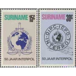 2 عدد تمبر پنجاهمین سالگرد تأسیس سازمان بین‌المللی پلیس جنایی اینترپل - سورینام 1973