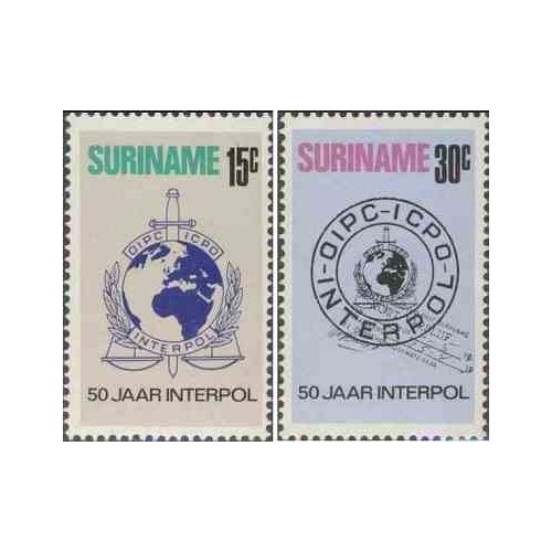 2 عدد تمبر پنجاهمین سالگرد تأسیس سازمان بین‌المللی پلیس جنایی اینترپل - سورینام 1973