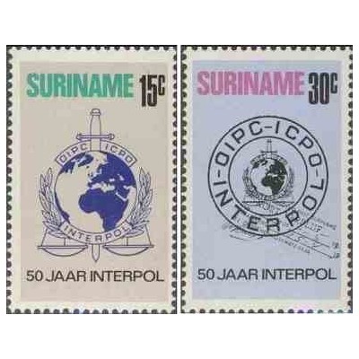 2 عدد تمبر پنجاهمین سالگرد تأسیس سازمان بین‌المللی پلیس جنایی اینترپل - سورینام 1973