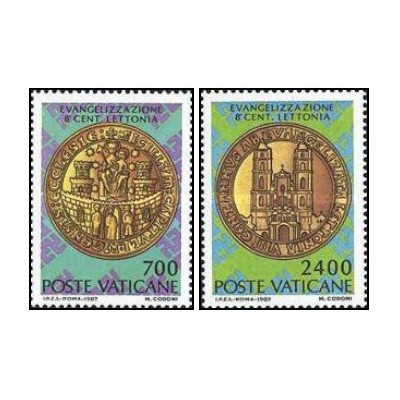 2 عدد تمبر هشتصدمین سالگرد معرفی بشارت در لتونی - واتیکان 1987 قیمت 3.17 دلار