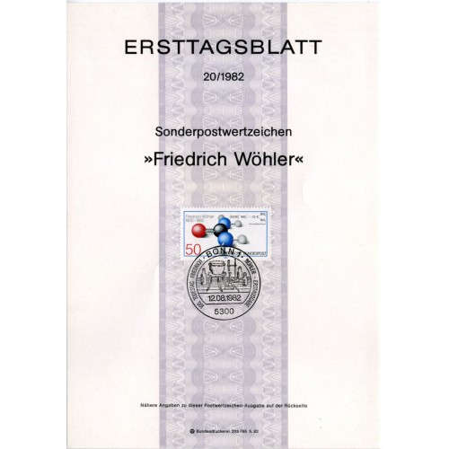 برگه اولین روز انتشار تمبر صدمین سالگرد درگذشت فردریش ویلر، شیمیدان - جمهوری فدرال آلمان 1982