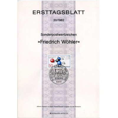 برگه اولین روز انتشار تمبر صدمین سالگرد درگذشت فردریش ویلر، شیمیدان - جمهوری فدرال آلمان 1982
