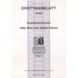 برگه اولین روز انتشار تمبر صدمین سالگرد تولد مکس بورن و جیمز فرانک، فیزیکدانان - جمهوری فدرال آلمان 1982