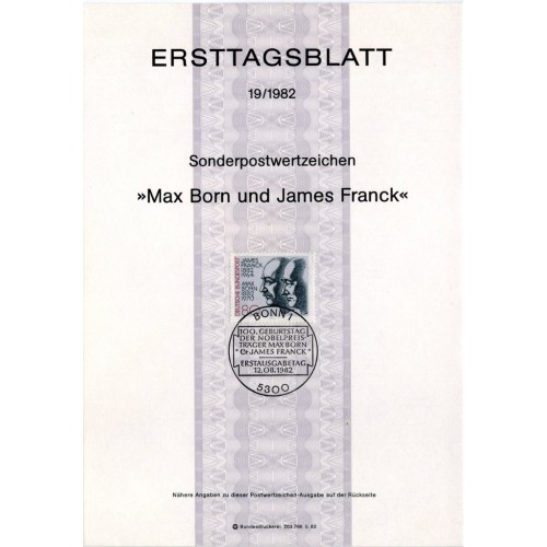 برگه اولین روز انتشار تمبر صدمین سالگرد تولد مکس بورن و جیمز فرانک، فیزیکدانان - جمهوری فدرال آلمان 1982