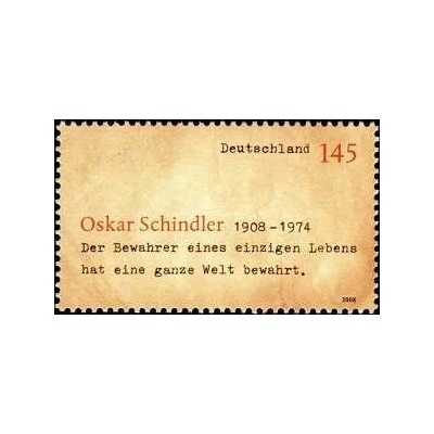 1 عدد تمبر صدمین سالگرد تولد اسکار شیندلر - جمهوری فدرال آلمان 2008
