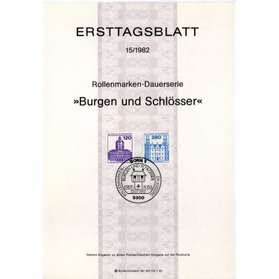 برگه اولین روز انتشار تمبرهای سری پستی کاخ ها و قلعه ها - 120 و 280 -جمهوری فدرال آلمان 1982