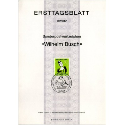 برگه اولین روز انتشار تمبر صد و پنجاهمین سالگرد تولد ویلهلم بوش  - جمهوری فدرال آلمان 1982