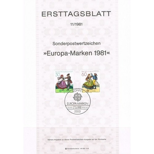 برگه اولین روز انتشار تمبرهای اروپا - فولکلور  - جمهوری فدرال آلمان 1981