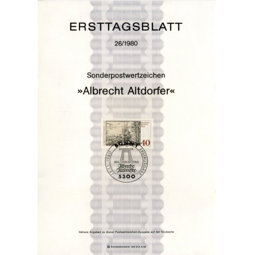 برگه اولین روز انتشار تمبر پانصدمین سالگرد تولد آلبرشت آلتدوفر، نقاش - جمهوری فدرال آلمان 1980
