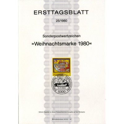 برگه اولین روز انتشار تمبر کریسمس - جمهوری فدرال آلمان 1980