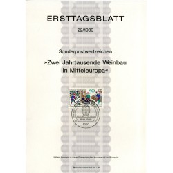برگه اولین روز انتشار تمبر 2000مین سالگرد کشت شراب در اروپای میانه - جمهوری فدرال آلمان 1980