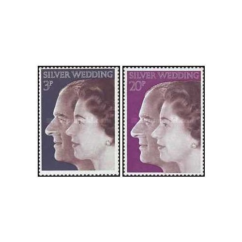 2 عدد تمبر بیست و پنجمین سالگرد ازدواج ملکه الیزابت و شاهزاده فیلیپ - انگلیس 1972