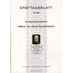 برگه اولین روز انتشار تمبر صد و پنجاهمین سالگرد تولد ماری فون ابنر اشنباخ، نویسنده - جمهوری فدرال آلمان 1980