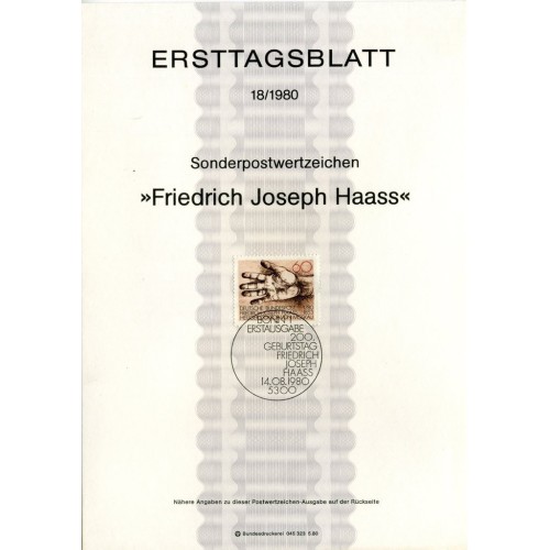 برگه اولین روز انتشار تمبر دویستمین سالگرد تولد دکتر جوزف هاس - جمهوری فدرال آلمان 1980