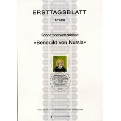 برگه اولین روز انتشار تمبر ۱۵۰۰مین سالگرد تولد بندیکت نورسیا  - جمهوری فدرال آلمان 1980
