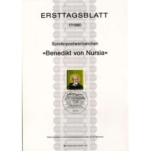 برگه اولین روز انتشار تمبر ۱۵۰۰مین سالگرد تولد بندیکت نورسیا  - جمهوری فدرال آلمان 1980