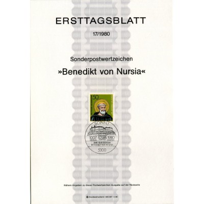 برگه اولین روز انتشار تمبر ۱۵۰۰مین سالگرد تولد بندیکت نورسیا  - جمهوری فدرال آلمان 1980