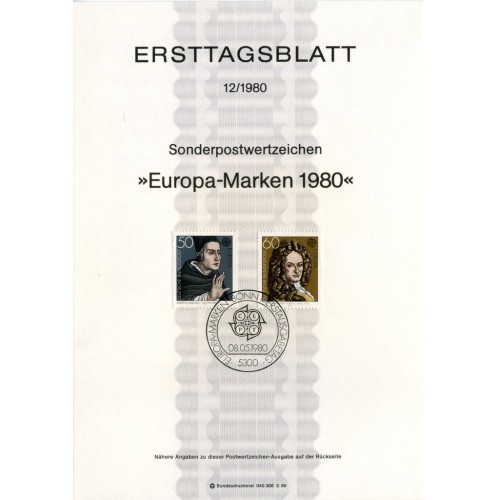 برگه اولین روز انتشار تمبرهای اروپا - افراد مشهور  - جمهوری فدرال آلمان 1980