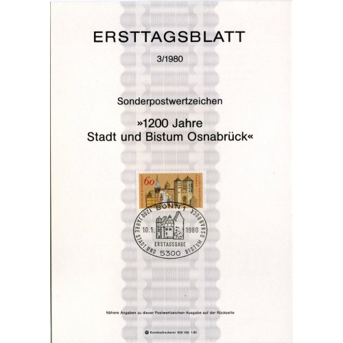 برگه اولین روز انتشار تمبر ۱۲۰۰مین سالگرد اسنابروک - جمهوری فدرال آلمان 1980