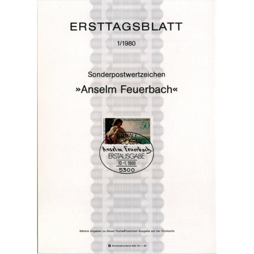 برگه اولین روز انتشار تمبر صدمین سالگرد درگذشت آنسلم فویرباخ، نقاش - جمهوری فدرال آلمان 1980